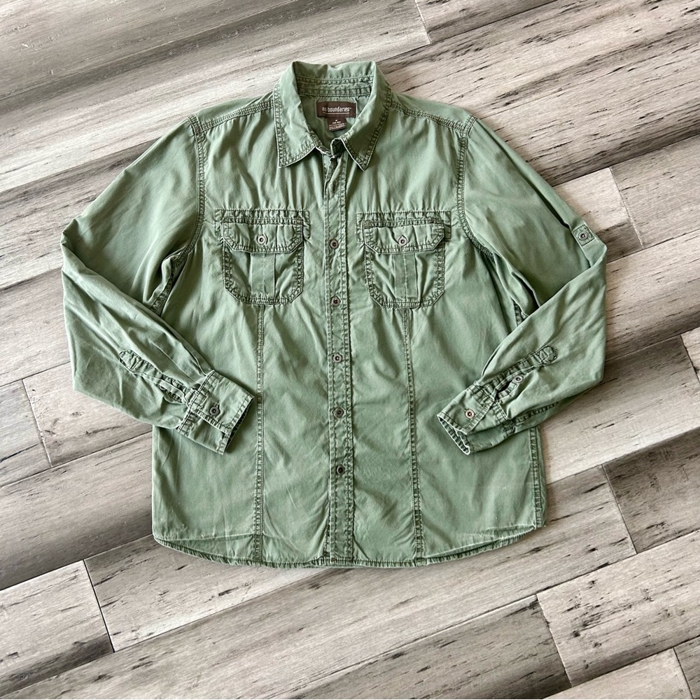💸 5/20 2000s No Boundaries Army Green Stonewashed Utility Button Down Shirt